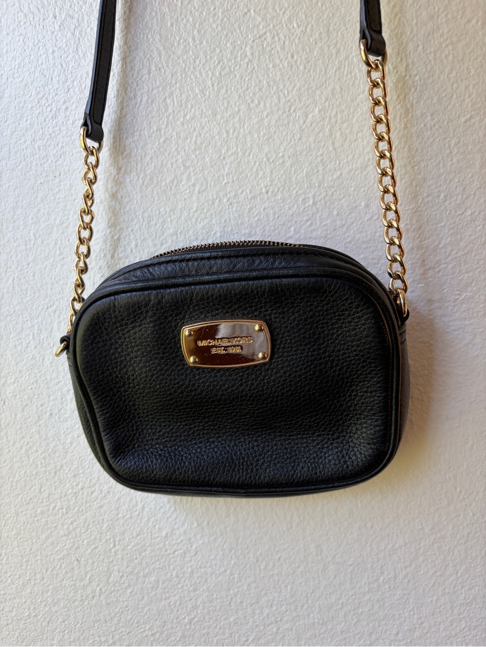 Michael Kors Black Pebbled Leather Crossbody with Gold Plate & Chain